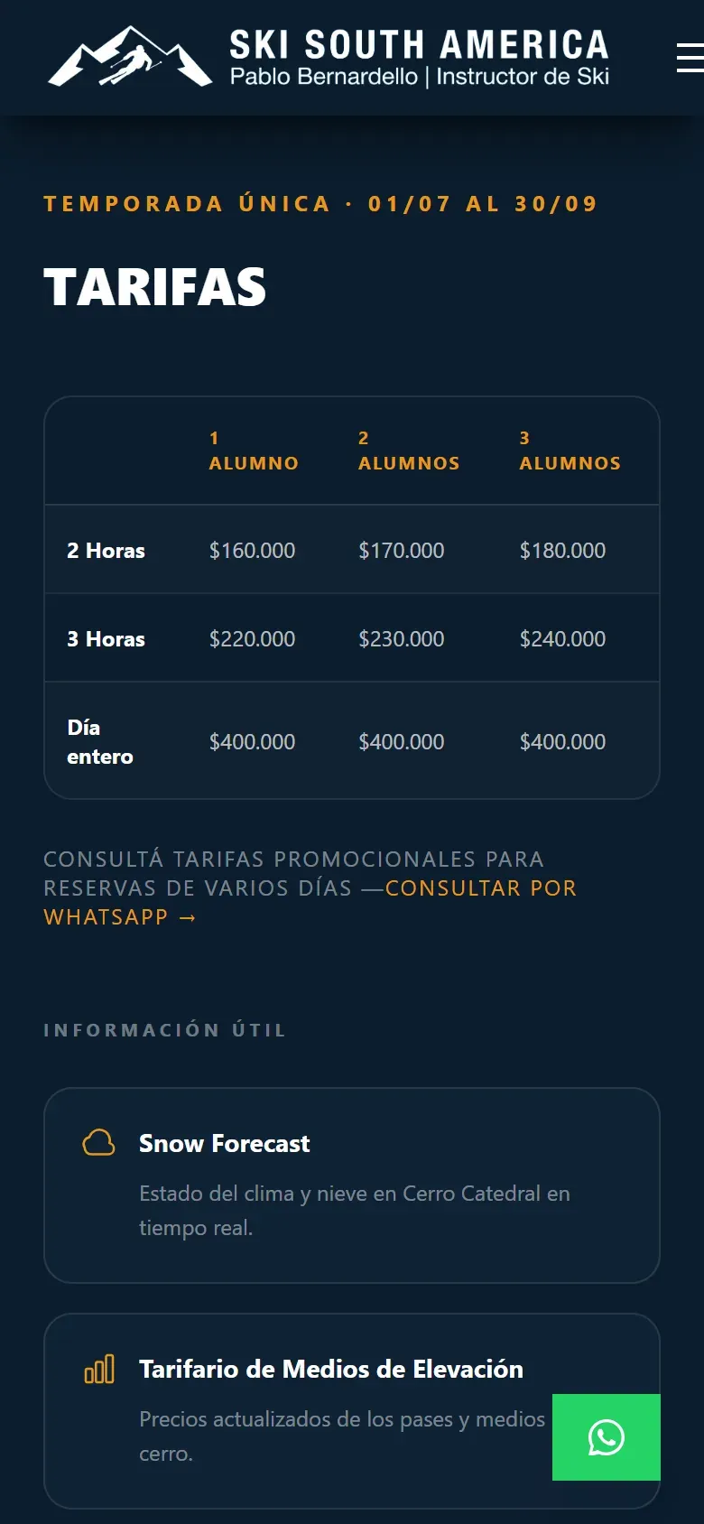 Ski South America: tarifas en el celular