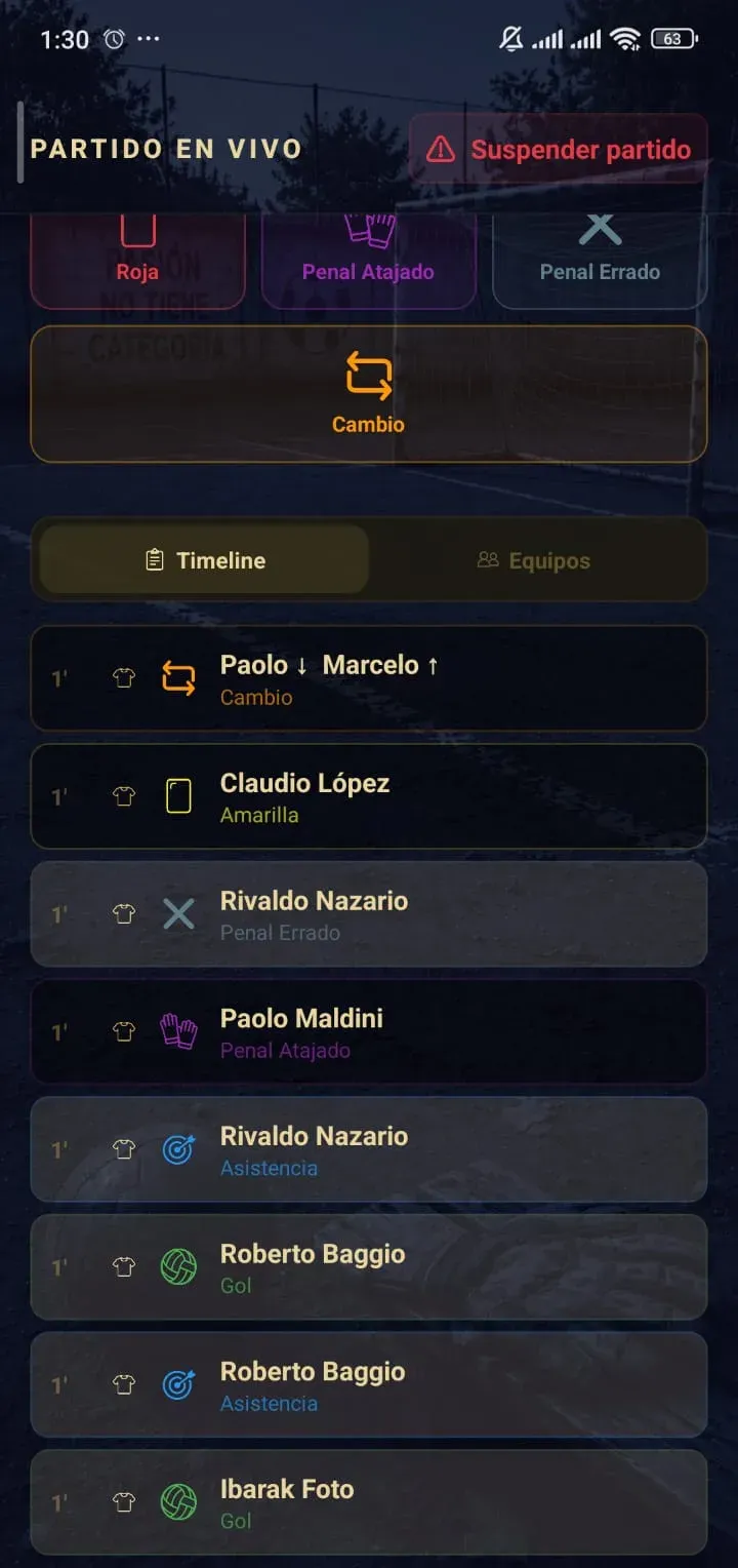 Futboleros: la timeline del partido, con cada gol, asistencia, tarjeta y cambio
